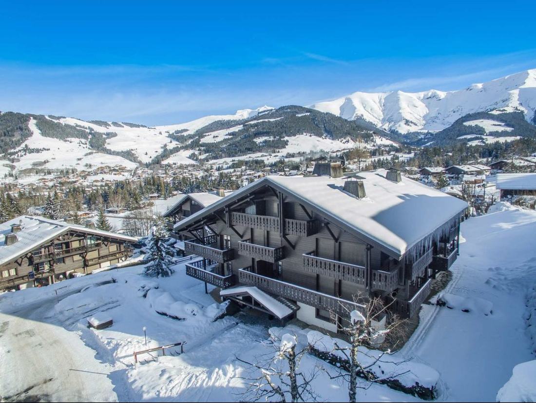 Vue aérienne du chalet et des montagnes